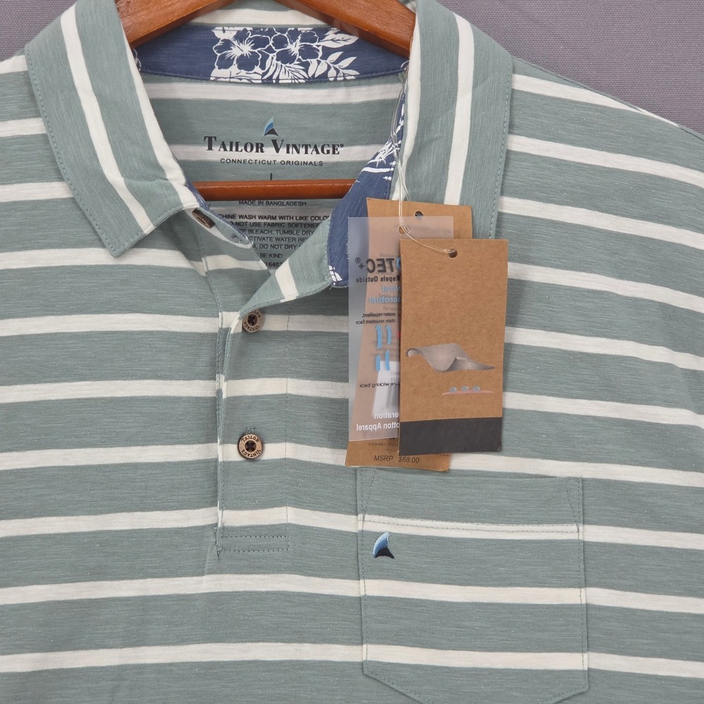 Tailor Vintage Airotec Polo Shirt Mens Large Sage Green White Striped NWT
